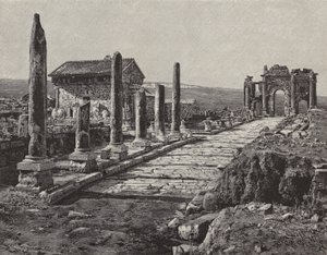 Ruinene av den romersk-berberiske byen Timgad (gamle Thamugas), Algerie (gravering) av American School