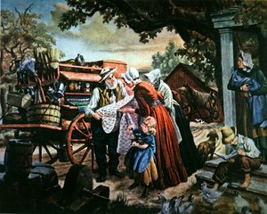 Rural America på 1800-tallet: den reisende selgeren av husholdningsvarer (farge litho) av American School