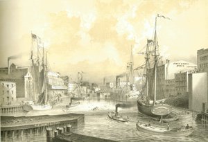 Rush Street Bridge, View from State Street, fra Chicago Illustrated, med litterære beskrivelser av James W. Sheahan, utgitt av Jevne & Almini, Chicago, 1866-67 av American School