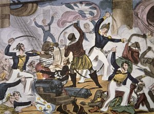 Sjømenn fra Royal Navy går ombord i Algerine piratfartøy, ca. 1820 (farge litho) av American School