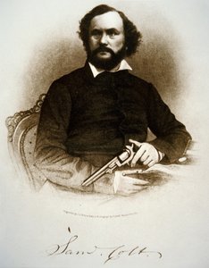 Samuel Colt holder en av sine perkusjonsrevolvere (gravering) av American School