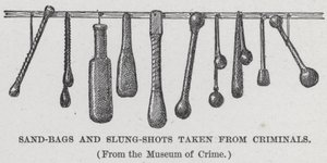 Sand-sekker og Slung-Shots tatt fra kriminelle (litho) av American School