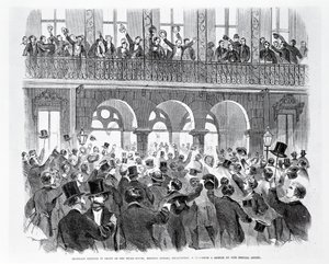 Sesession Meeting foran Mills House, Meeting Street, Charleston, South Carolina, ca. 1860 (gravering) (s/hvitt foto) av American School