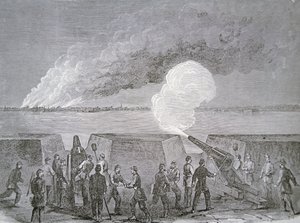 Beleiring av Charleston, byen som brenner under bombardement, 3. januar 1864, fra Harper's Weekly (gravering) av American School