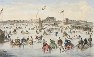 Skating på Union Pond, pub. 1863 (farge litho) av American School