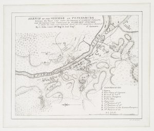 Skisse av trefningen ved Petersburg: mellom den kongelige hæren under kommando av major Gel. Phillips og den amerikanske hæren kommandert av generalmajor. Steuben der sistnevnte ble beseiret, 25. april 1781 av American School