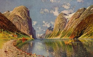 Sognefjorden på Norges kyst (farge litho) av American School