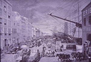 South Street Seaport på 1870-tallet, New York City (gravering) av American School
