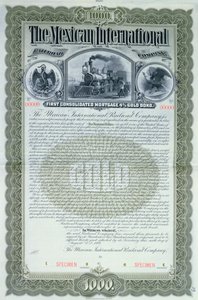 Prøve av obligasjonssertifikat for 1000 dollar for Mexican International Railroad Company, 1897 av American School