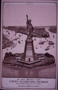 Frihetsgudinnen 'skal reises på Bedloe's Island', trykk av 1885 (gravering) av American School
