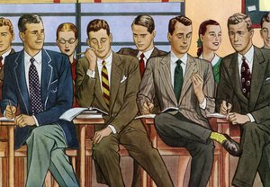 Studenter ved pulter sitter i et klasserom på et universitet fra 1940-tallet av American School