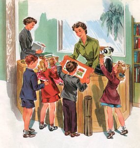 Elever i skolebiblioteket, ca. 1950 (silketrykk) av American School