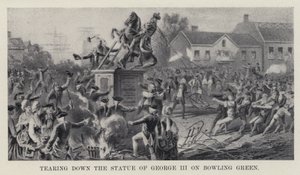 Å rive ned statuen av George III på Bowling Green (litho) av American School