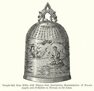 Tempelklokke fra Kioto, med dragebue, inskripsjoner, representasjon av Ten-nin, engel og Buddha i Nirvana på Lotus (gravering) av American School