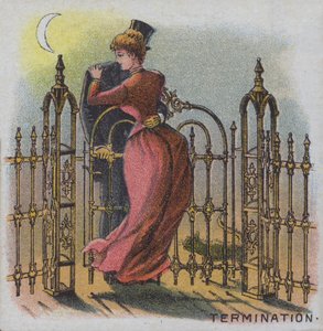 Oppsigelse - et par som omfavnes ved en hageport på slutten av dagen (farge litho) av American School