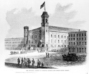 The Armory, Corner of Seventh Avenue og Thirty-Fifth Street, scene fra Draft Riots i New York City, 1863 av American School