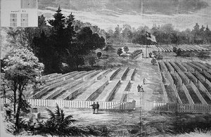 Gravplassen ved Krigsfangeleiren i Andersonville (litho) av American School