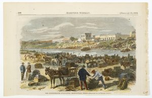 De konfødererte evakuerer Brownsville, Texas, ca. 1864 (håndfarget litografi på vevet tremassepapir) av American School