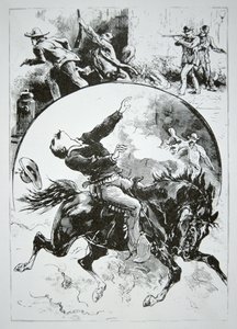 Dalton-gjengen, skutt ned av de rasende innbyggerne i Coffeyville, fra 'National Police Gazette', 5. oktober 1892 (gravering) av American School