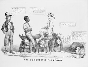 "Den demokratiske plattformen" politisk tegneserie som kommenterer det demokratiske partiets holdning til slaveri, ca. 1856 av American School