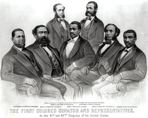 Den første fargede senatoren og representantene, i den 41. og 42. kongressen i USA, pub. av Currier og Ives, 1872 (litho) (pakkebilde) av American School