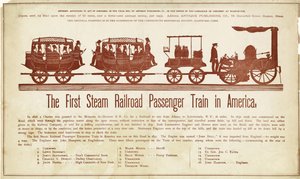 The First Steam Railroad Passenger Train in America, publisert ca. 1870 (fargetresnitt) av American School