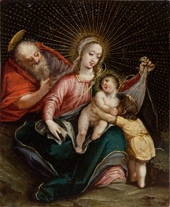 Den hellige familie med døperen Johannes, 1700-tallet (olje med gull på kobber) av American School