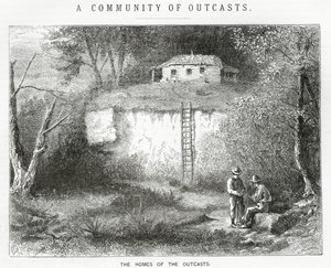 The Homes of the Outcasts, illustrasjon for en spillefilm, A Community of Outcasts, fra Appletons Journal, 23. mars 1872 av American School