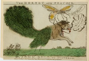 The Hornet and Peacock, eller John Bull i nød, 1813 (etsing med gravering) av American School