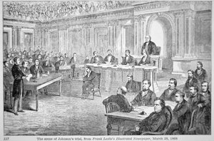 The Impeachment of President Johnson i 1868, illustrasjon fra 'Frank Leslie's Newspaper', 28. mars 1868 (litho) av American School