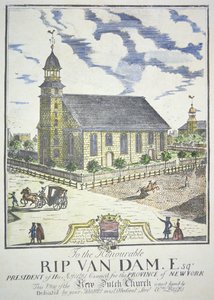 Den nye nederlandske reformerte kirke, bygget på hjørnet av gatene Nassau og Liberty, New York City, i 1731 (farget gravering) av American School