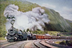 New York til Chicago Express ved Horse-Shoe Curve, Alleghany, ca. 1930 (farge litho) av American School