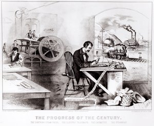 The Progress of the Century: The Lightning Steam Press, the Electric Telegraph, the Locomotive and the Steamboat, pub. av Currier & Ives, 1876 av American School