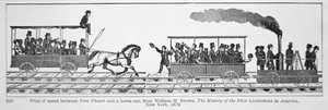 'Tom Thumb Locomotive' raser mot en hestevogn, fra 'The History of the First Locomotives in America', av William H. Brown 1830 (litho) av American School
