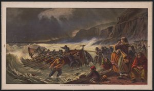 Avgangen, sjøsetting av livbåten, ca. 1878 (kromolitografi) av American School
