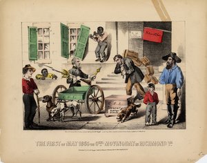 Den første mai 1865, eller, Genl. flyttedag i Richmond Va., Lith. av Kimmel & Forster, utgitt av H. & W. Voight, New York, 1865 av American School