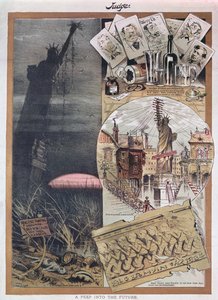 Fremtiden til Frihetsgudinnen. karikatur fra Judge magazine rundt tidspunktet for konstruksjonen i 1886 av American School