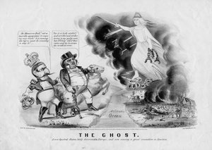 Spøkelset: en ny spektral illusjon, nylig oppdaget i Europa, og nå forårsaker stor oppstyr i Amerika, utgitt av Currier & Ives, New York, 1863 av American School