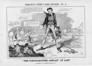 Skolemesteren i utlandet endelig : Sterke kronekarikaturer, nei. 4, utgitt av T.W. Strong, New York, 1861 av American School