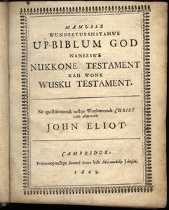 Tittelside til Mamusse wunneetupanatamwe Up-Biblum Good, 1663 av American School