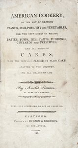 Tittelside til American Cookery, skrevet av Amelia Simmons, utgitt av Hudson & Goodwin, 1796 av American School