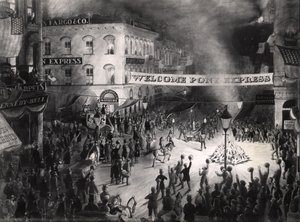 Triumferende ankomst av den første Pony Express Messenger i Sacramento, 13. april 1860 (wc på papir) av American School