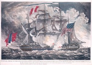 US Fregate Constellation fanger LInsurgente i Vest-India i slaget ved Basseterre, 9. februar 1799, publisert i 1800 av American School