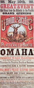 Union Pacific Railroad-plakat som annonserer den første transkontinentale jernbanen over hele USA av American School