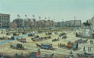 Union Square og Fourteenth Street til Seventeenth Street, fra en serie med 48 Views of New York and Environs, pub. av Charles Magnus av American School