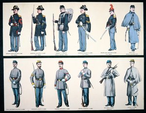 Union og konfødererte hæruniformer (farge litho) av American School
