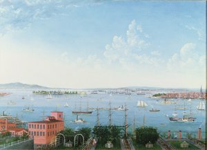 Utsikt over New York Harbour fra Brooklyn Heights, ca. 1860 (olje på lin) av American School