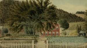 Utsikt over et rødt hus med stakittgjerde, 1854 (wc med gouache på papir) av American School