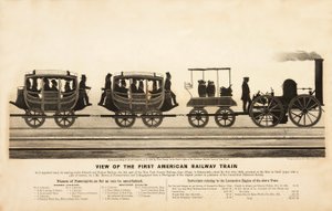 Utsikt over det første amerikanske jernbanetoget, pub. 1865 av American School