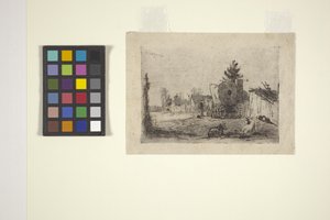 Landsbygate med storfe og overbygd vogn (etsing) av American School